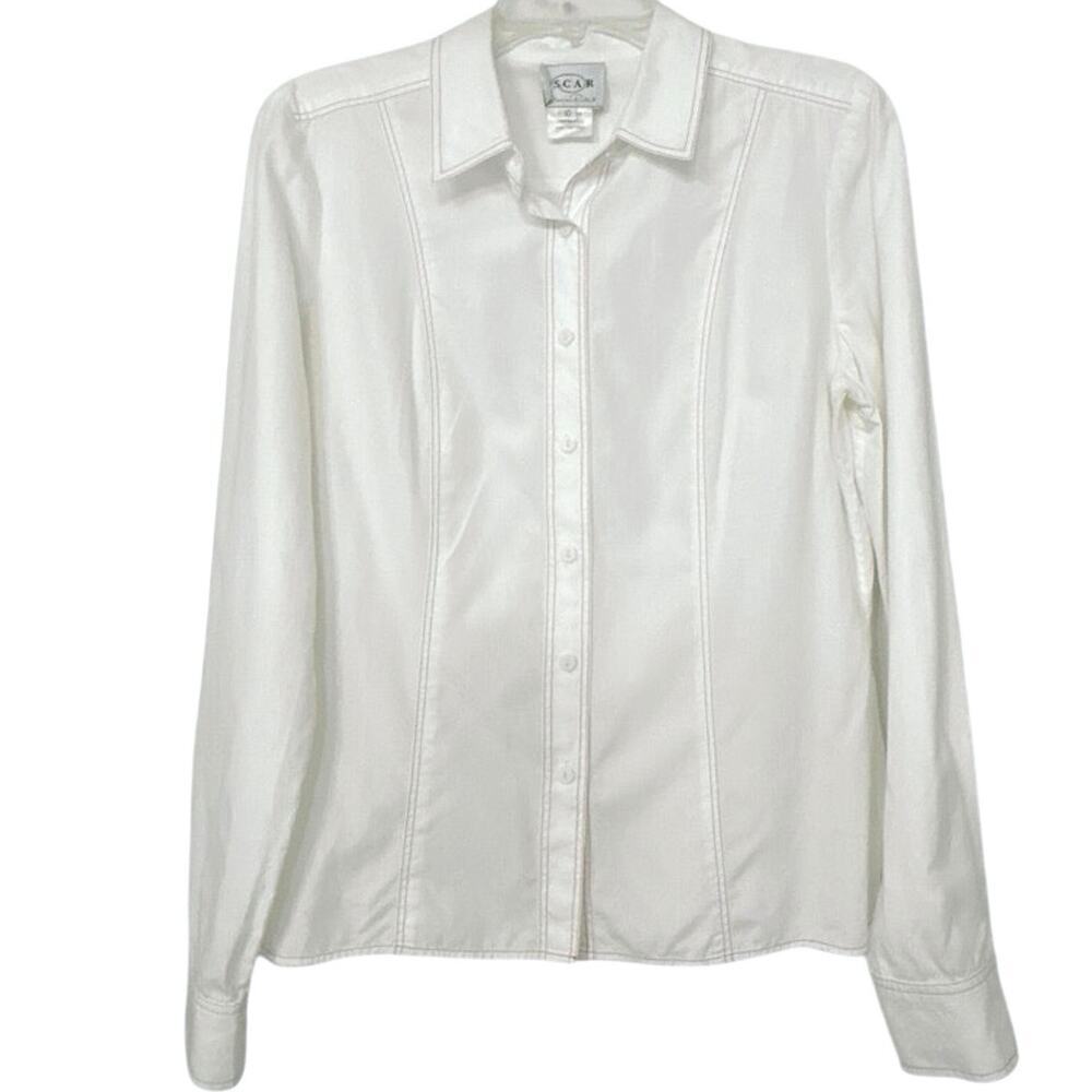 Oscar By Oscar De La Renta White Cotton Pink Trim Long Sleeve Button Down Top 10